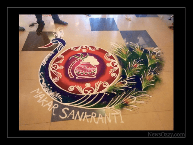 makar Sankranti muggulu with pot & peacock