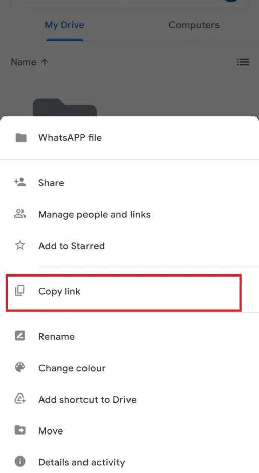 Click on copy-link-to-copy-the-link-of-the-folder in google drive