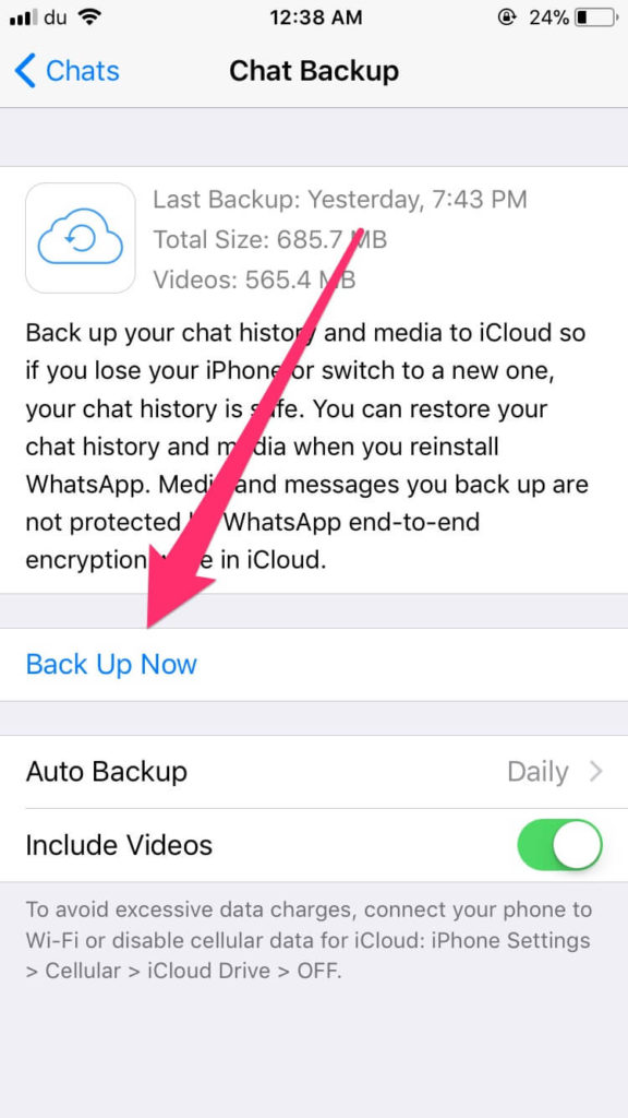 back up now iphone whatsapp