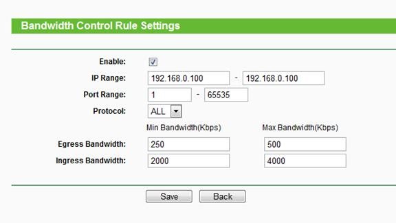 bandwidth control rule settings page