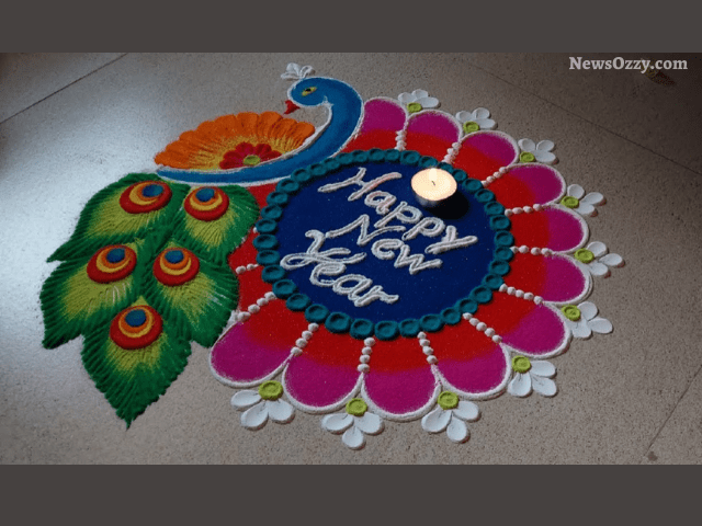 happy new year 2022 rangoli muggulu in peacock pattern