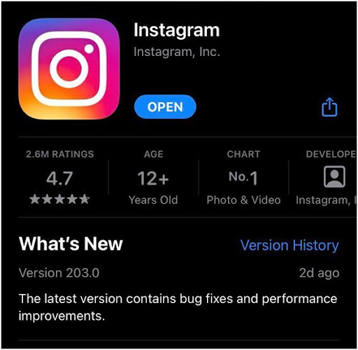 update and open instagram app