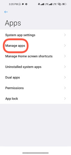 under apps menu tap on manage apps option