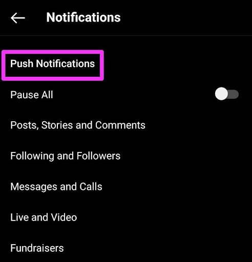How to enable push notifications in insta settings