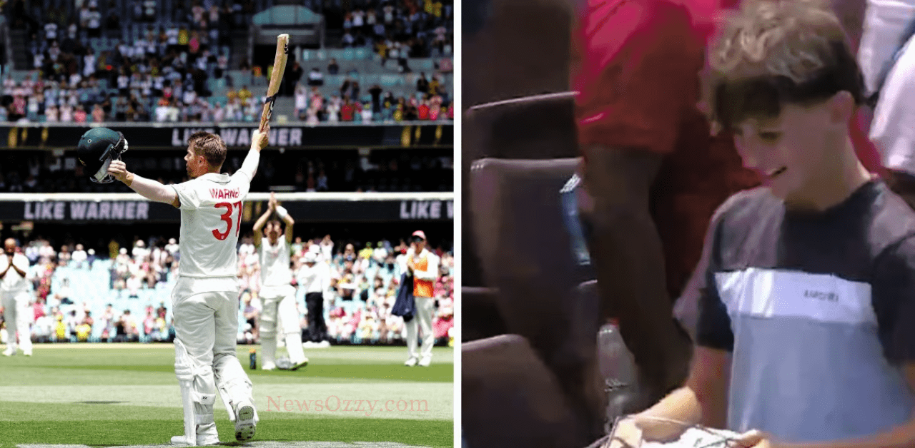 David Warner gifts his helmet and gloves to a young fan after his farewell Test